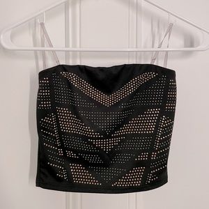 Black Sparkly Cropped tube top with pink, white, silver rhinestones. Size XS.